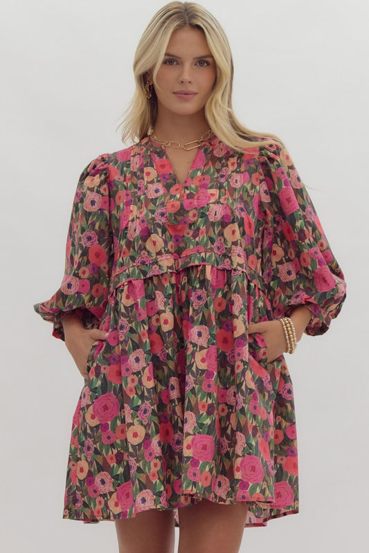 Floral Print Puff Sleeve Mini Dress