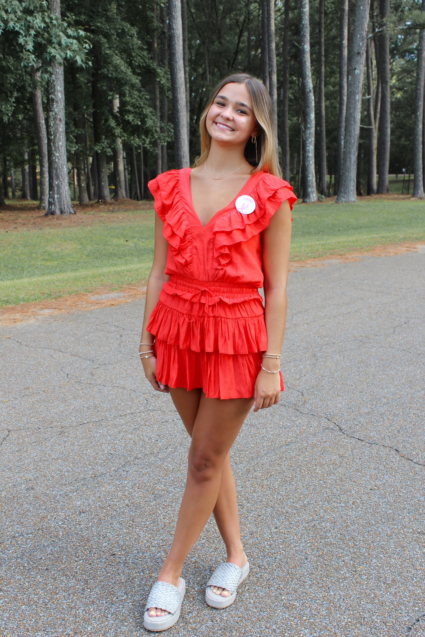 V-neck Tiered Romper with Ruffle Details-Red