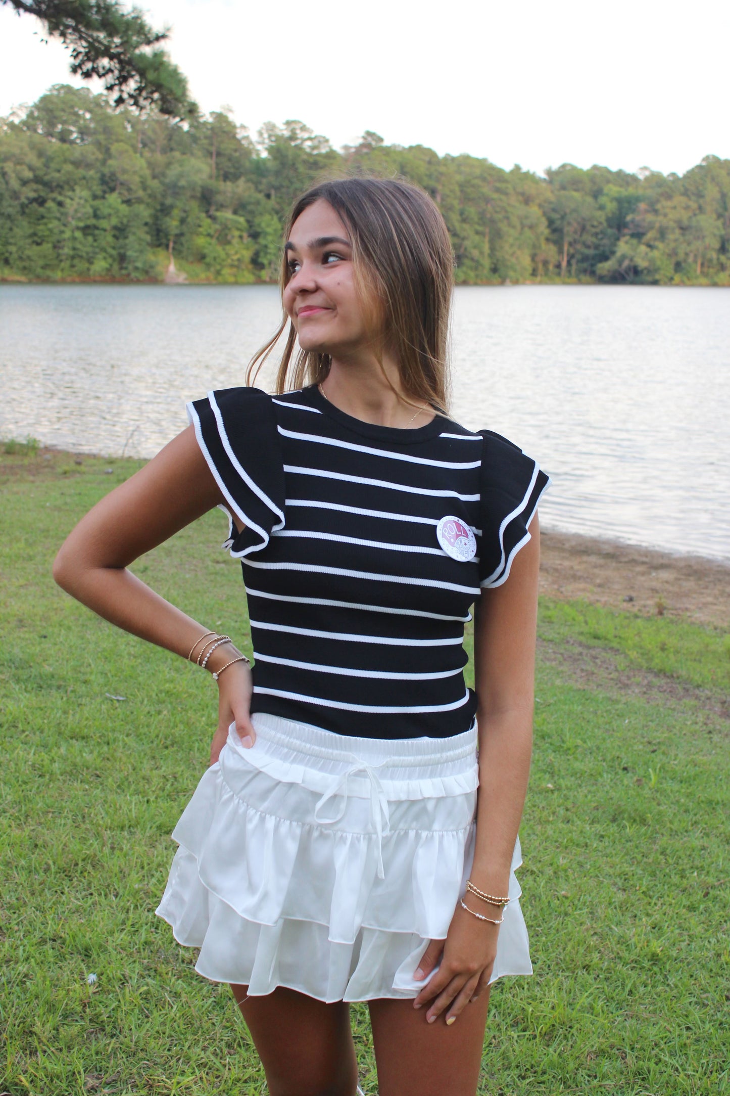 Striped Short Ruffle Sleeve Top