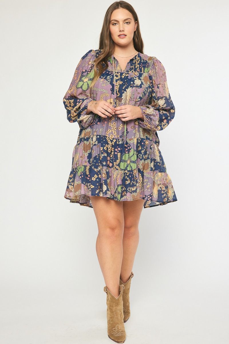 Floral print v-neck long sleeve mini dress