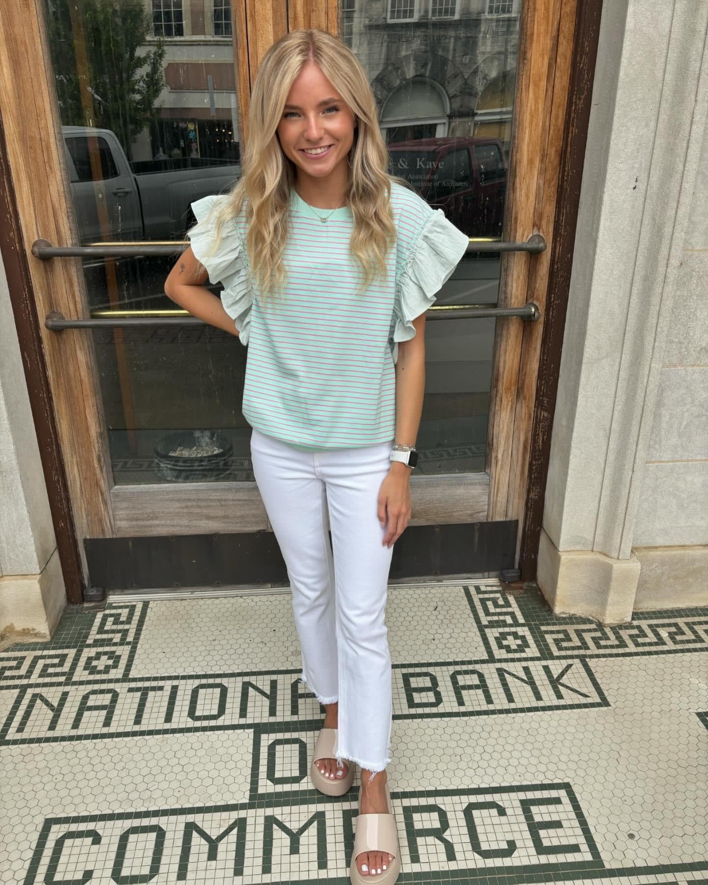 Mint Ruffle Sleeve Wide Neck Top