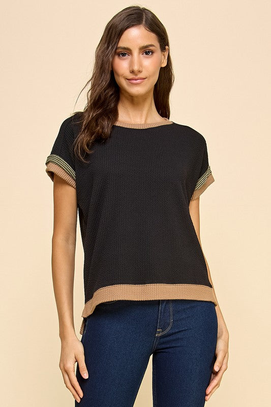 Solid Ribbed Top with Contrast Details-Black