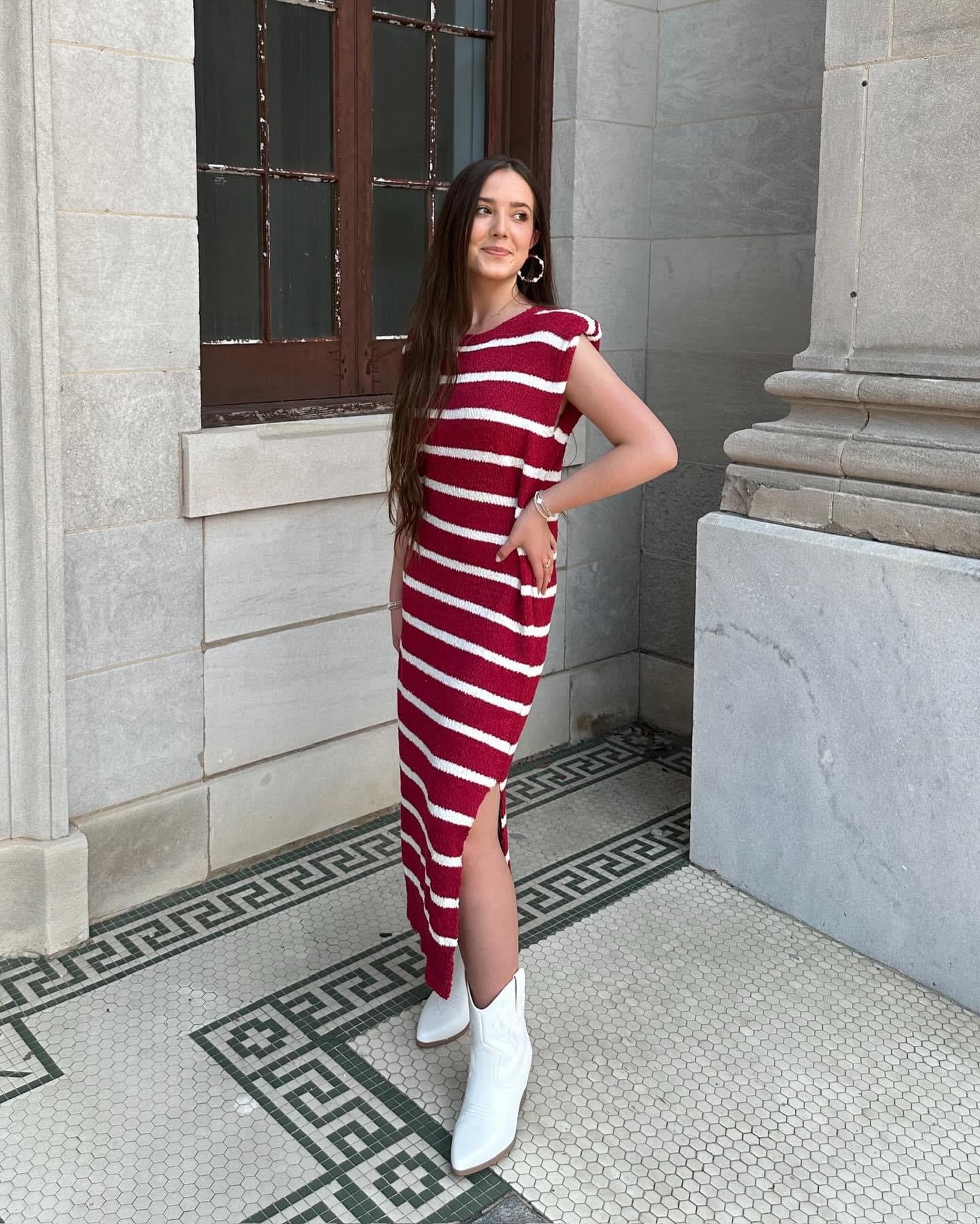 Shoulder Pad Sleeveless Striped Knit Dress