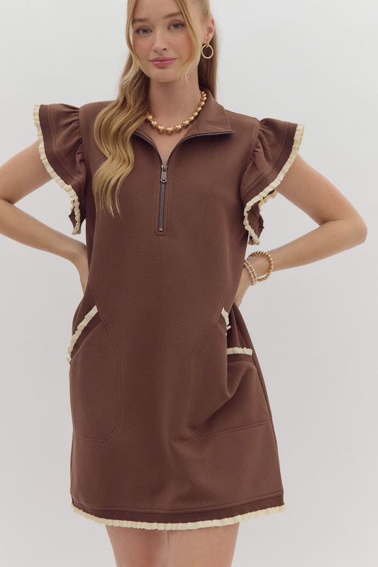 Ruffle Sleeve Mini Dress-Brown