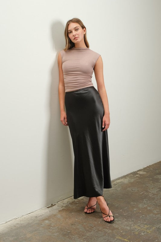 Black Satin Slip Midi Skirt