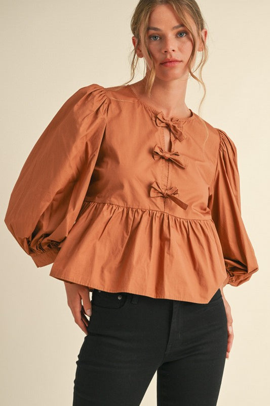 Toffee Bow Ties Peplum Top