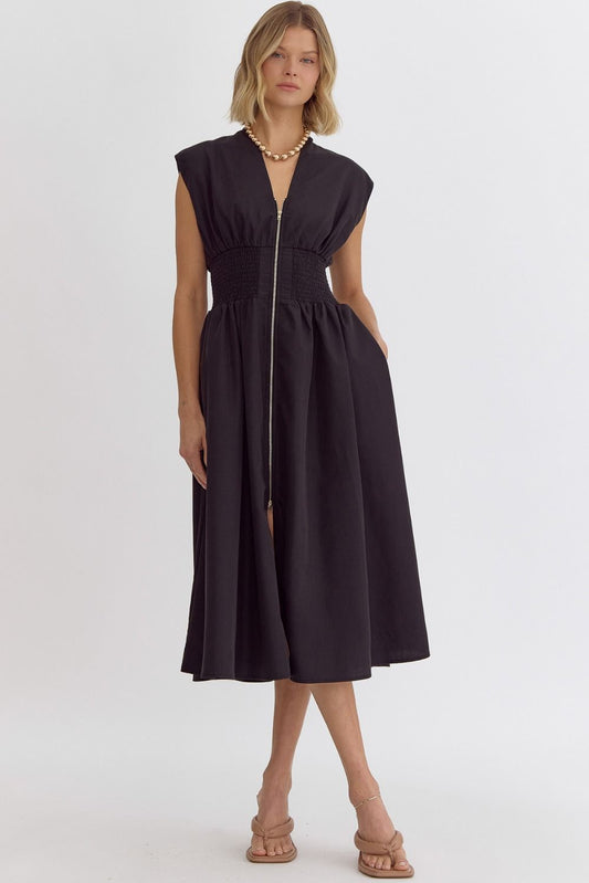 Black Zipper Front Midi Dress