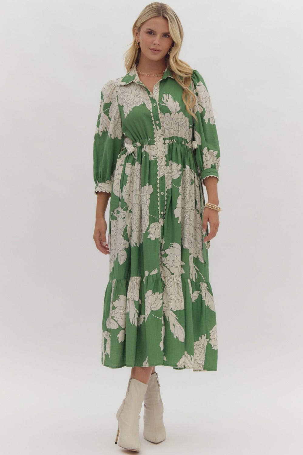 Green Floral Button Up Midi