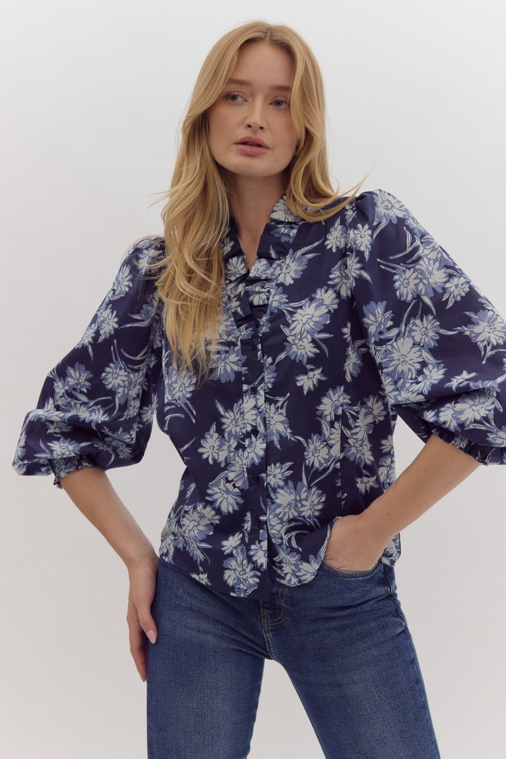 Floral Print Ruffle Neck Blouse