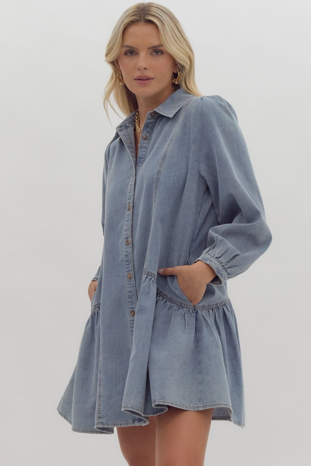 Denim Long Sleeve Collared Dress