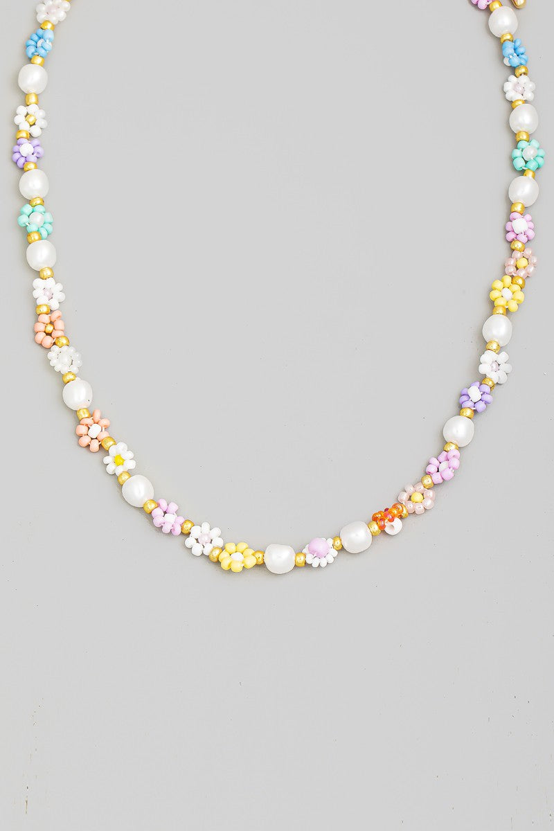 Beaded Flower & Pearl Necklace