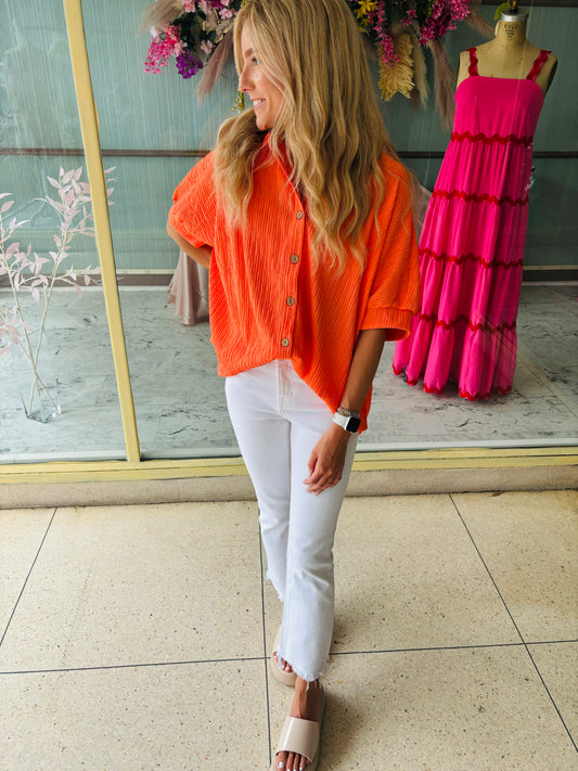 Orange Pleated Button Down Shirt