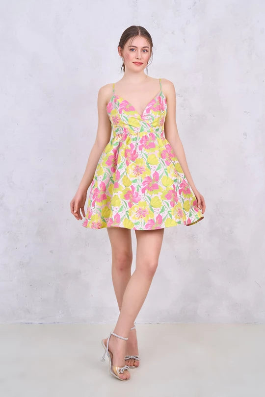 Pink and Yellow Floral Jacquard Mini Dress