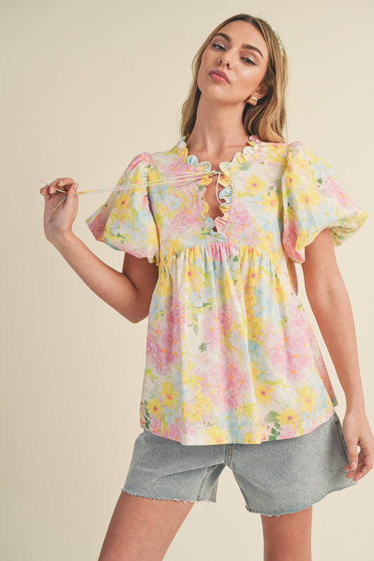 Scallop Trim Floral Babydoll Top