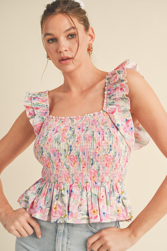 Floral Flutter Sleeve Smocked Peplum Top