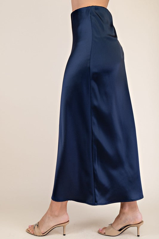 Navy Satin Midi Skirt