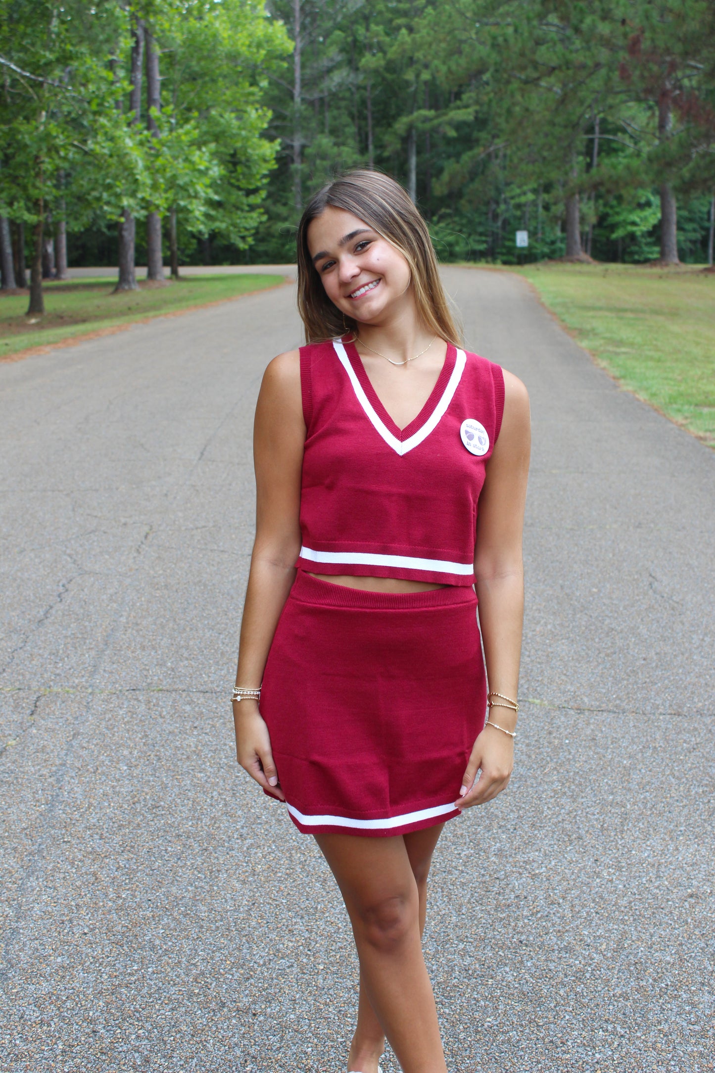 V Neck Stripe Sweater Top with Matching Skirt-Crimson