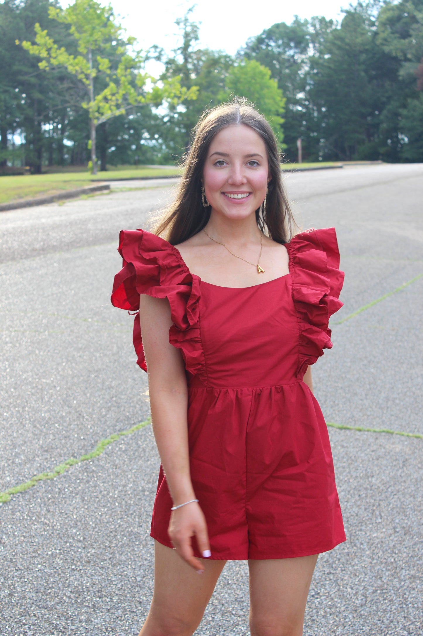 DOUBLE LAYERED RUFFLE SLEEVES ROMPER-Crimson