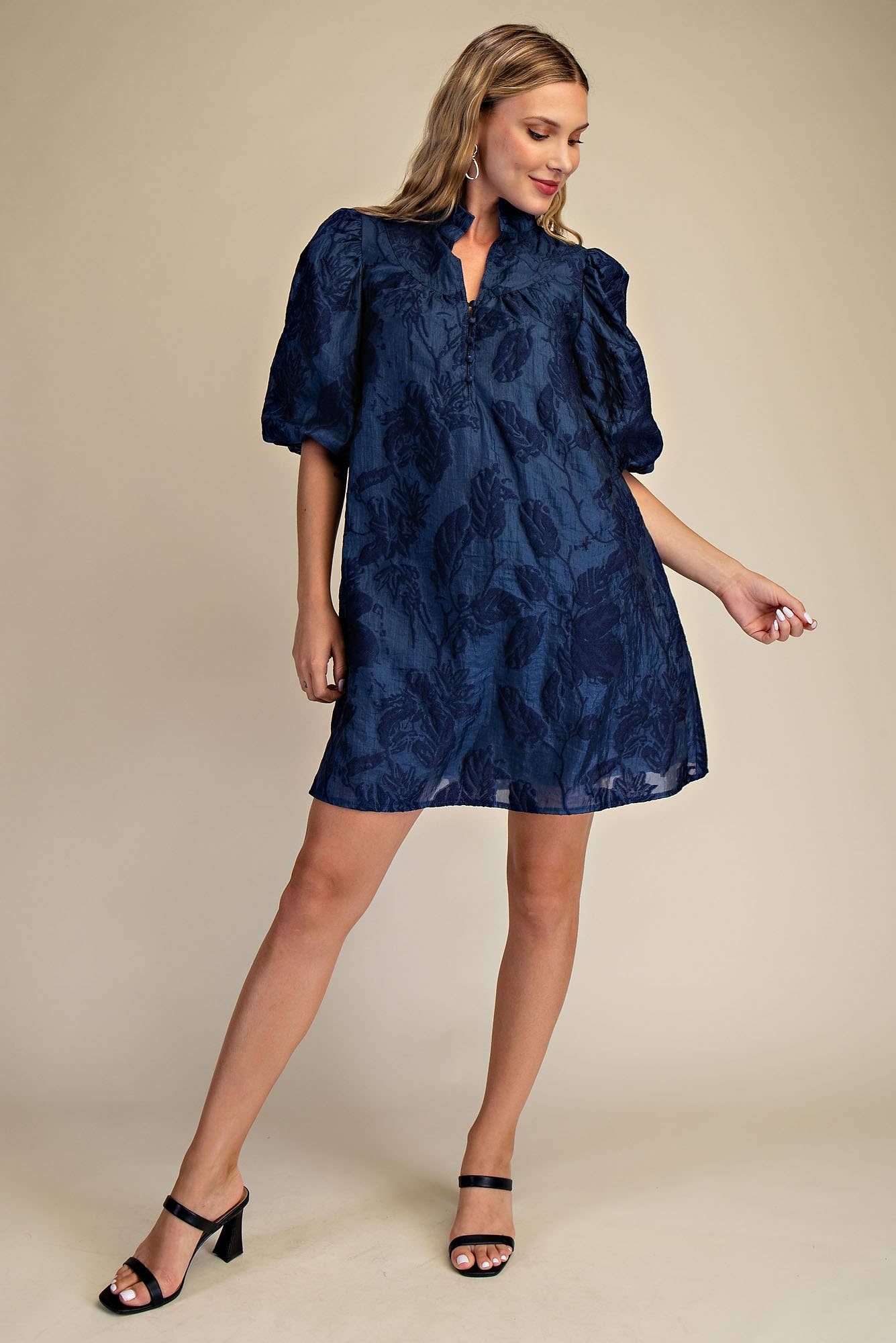 Ruffled Neck with Volume Sleeve Dress: Green / S