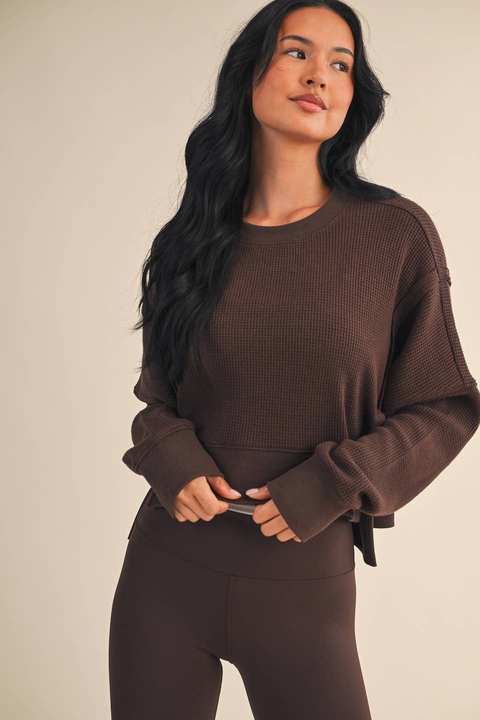 Waffle Knit Oversized Long Sleeve Top: Dark Chocolate / S