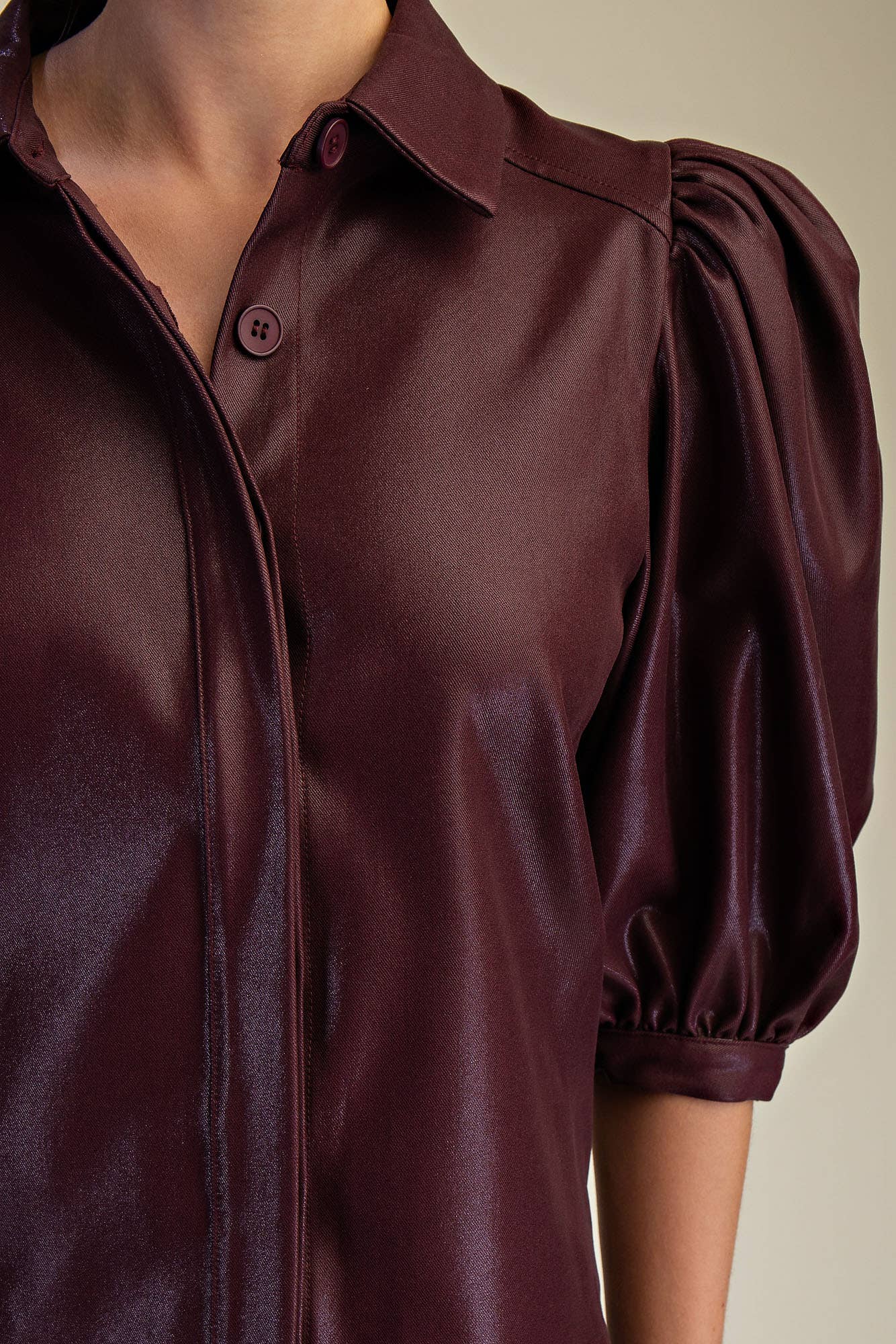 Collar Neck Puff Sleeve Button Down Shirt: Brown / S