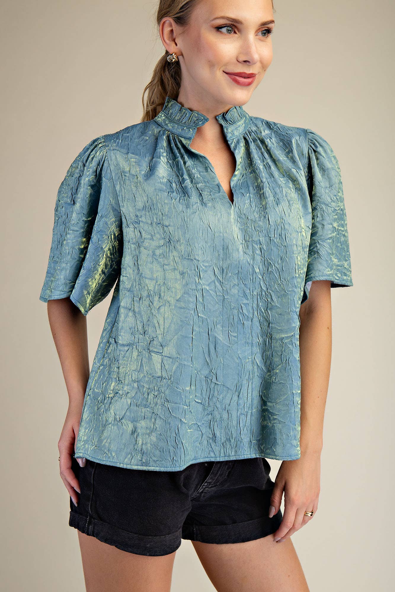 V-Neckline Short Flutter Sleeves Top: Brown / S