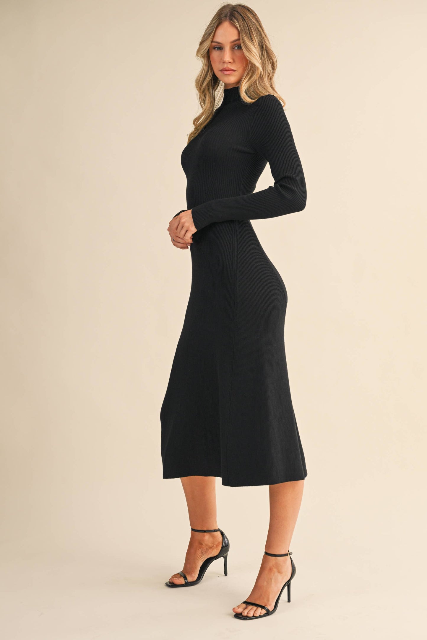 ID9660 MOCK NECK LONG SLEEVE RIB KNIT FLARED MIDI DRESS: DK CHOCOLATE / S
