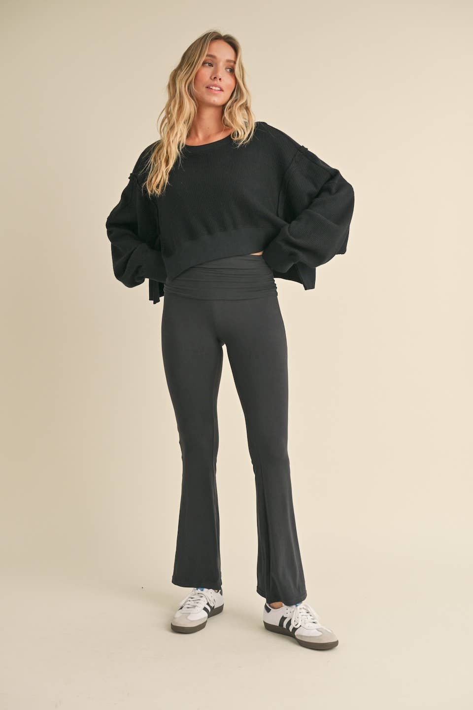 Waffle Knit Oversized Long Sleeve Top: Dark Chocolate / S