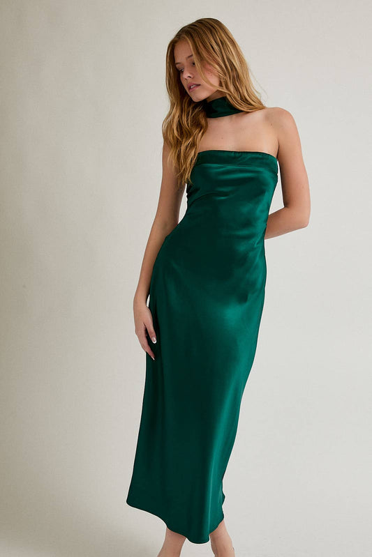 STRAPLESS SCARF DETAIL BIAS SATIN MIDI DRESS: HUNTER GREEN / XS