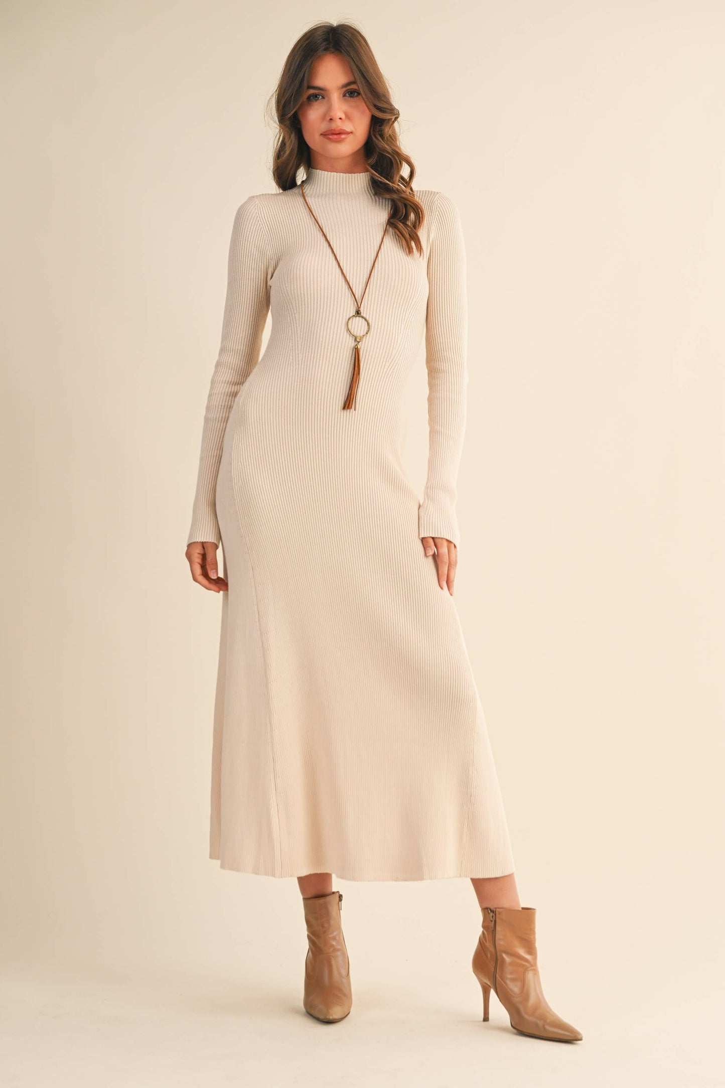 ID9660 MOCK NECK LONG SLEEVE RIB KNIT FLARED MIDI DRESS: DK CHOCOLATE / S