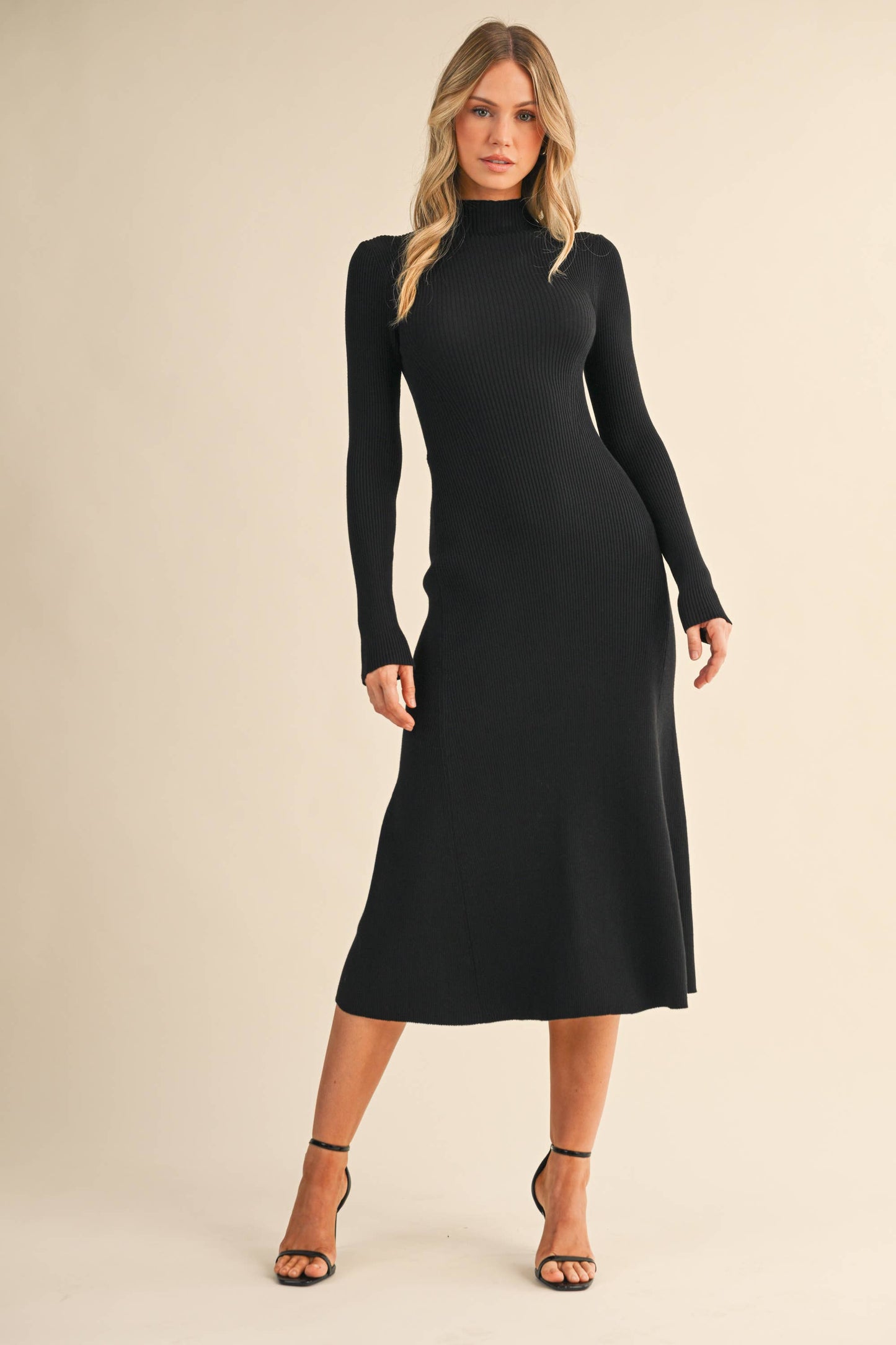 ID9660 MOCK NECK LONG SLEEVE RIB KNIT FLARED MIDI DRESS: DK CHOCOLATE / S