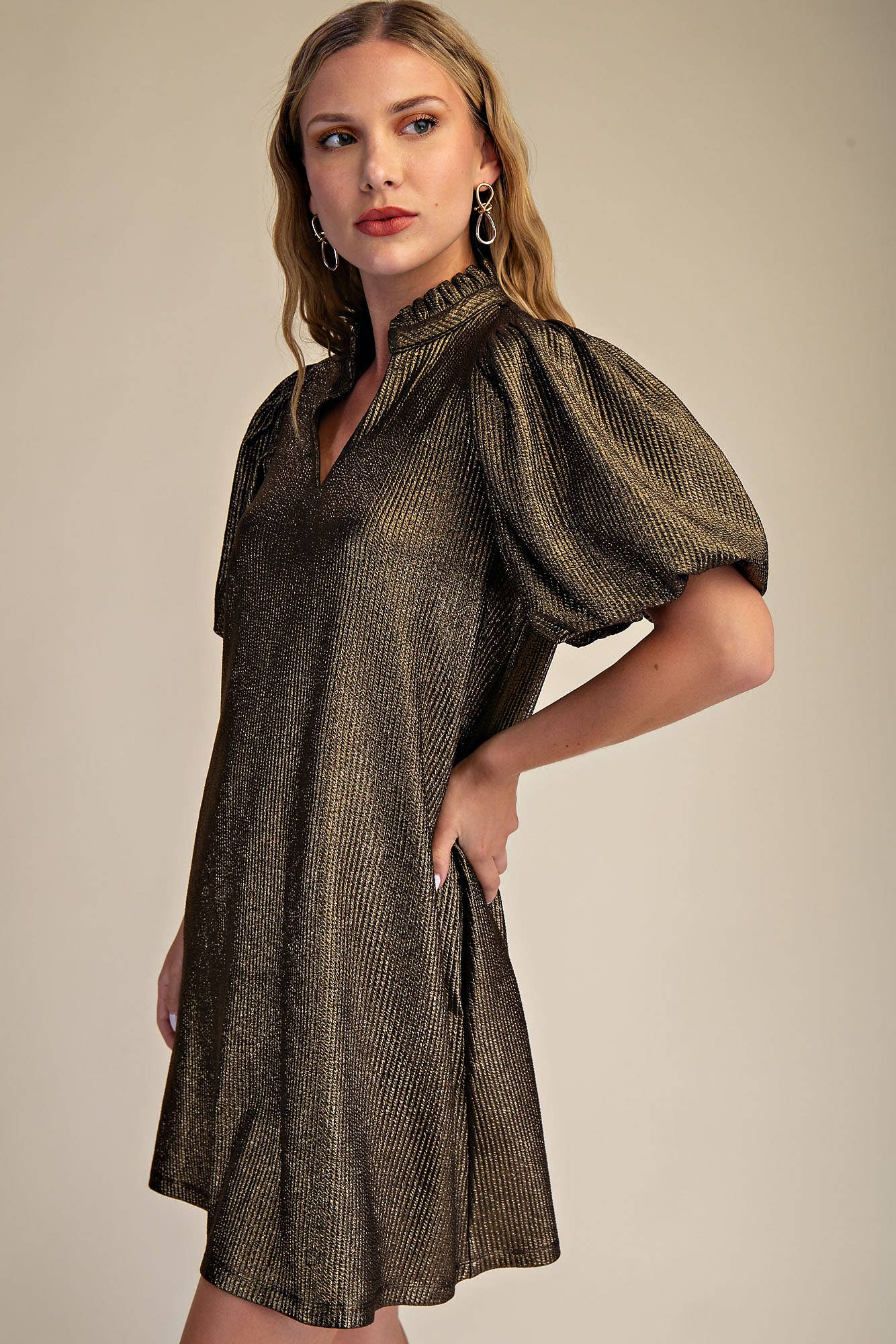 Ruffle V-Neck Puff Sleeve Mini Dress: Burgundy / S