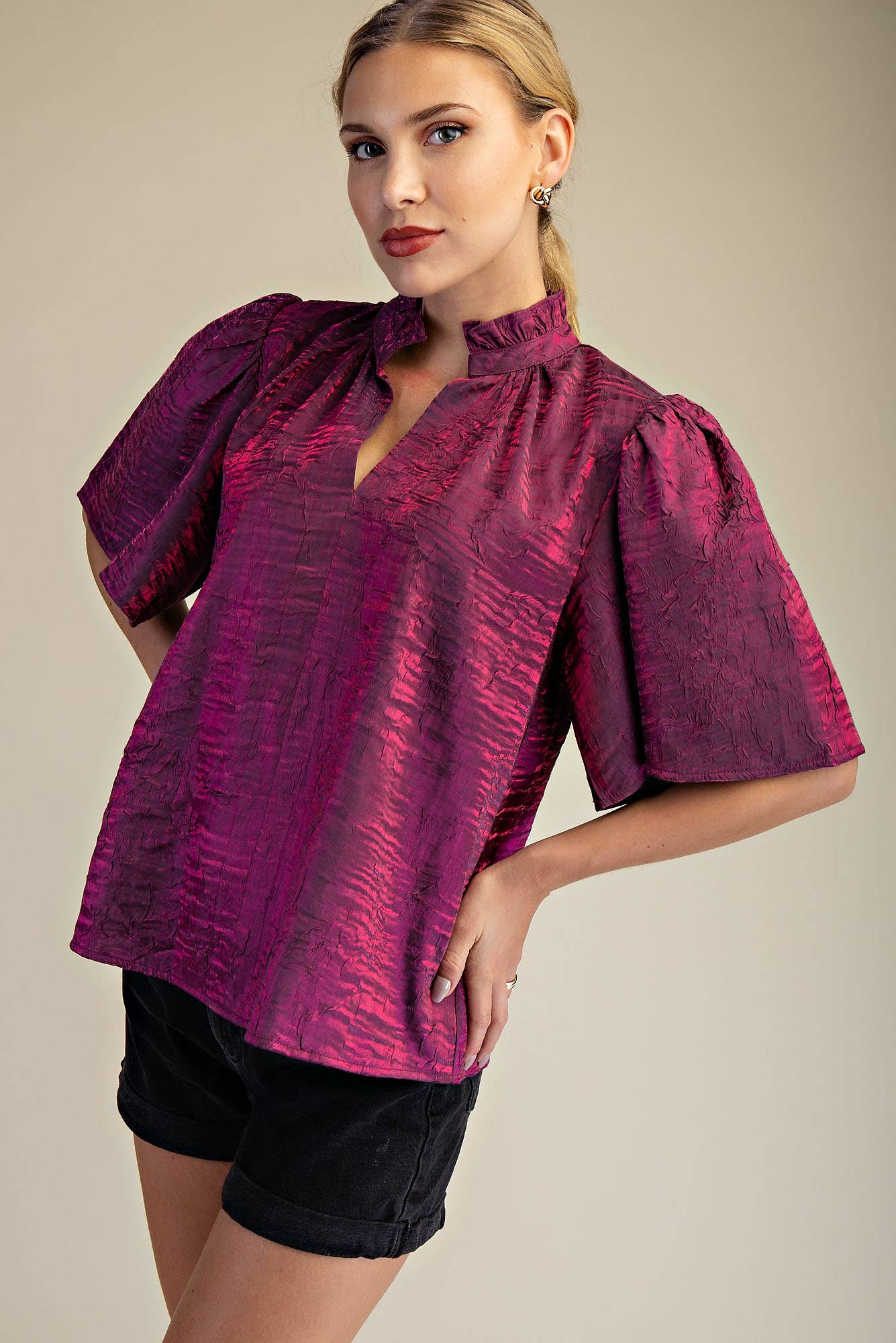 V-Neckline Short Flutter Sleeves Top: Brown / S