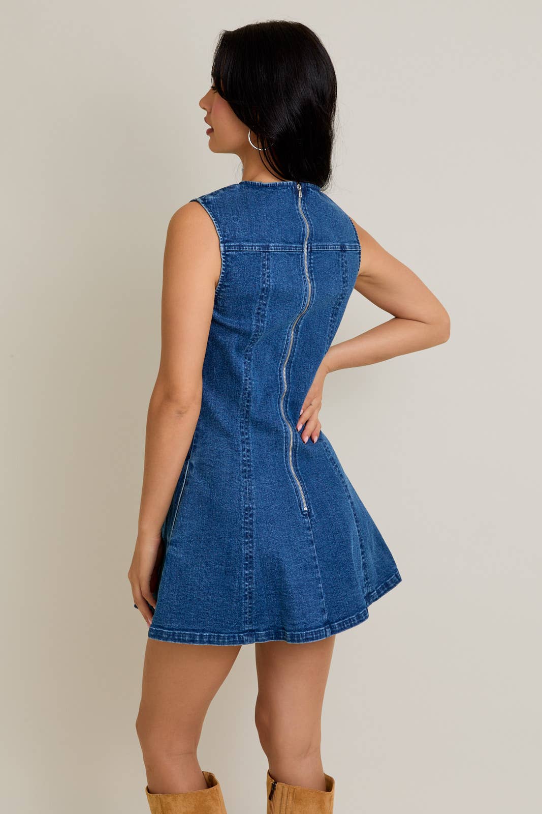 ROUND NECK SLEEVELESS DENIM DRESS: DENIM / L