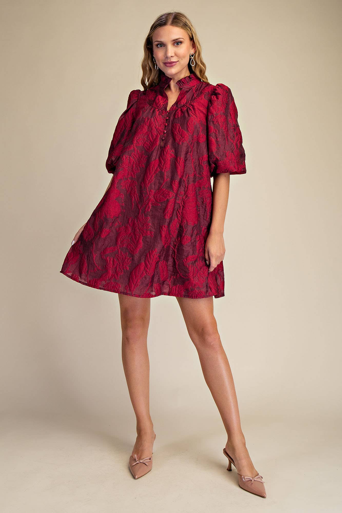Ruffled Neck with Volume Sleeve Dress: Green / S
