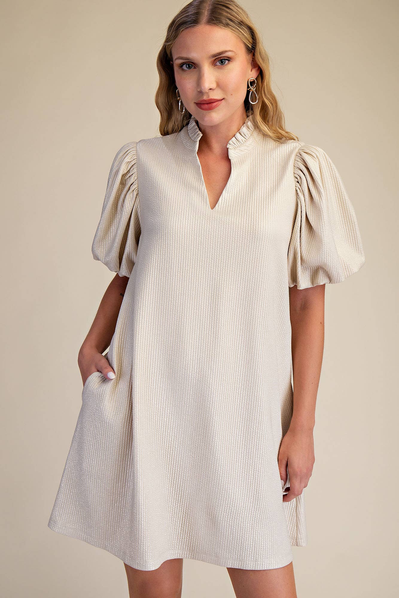 Ruffle V-Neck Puff Sleeve Mini Dress: Burgundy / S