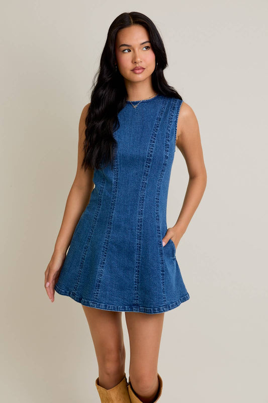 ROUND NECK SLEEVELESS DENIM DRESS: DENIM / L