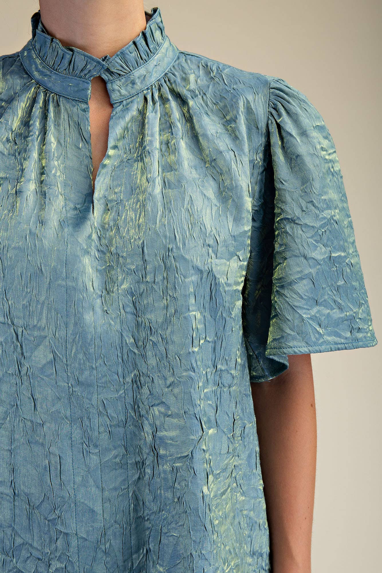 V-Neckline Short Flutter Sleeves Top: Brown / S