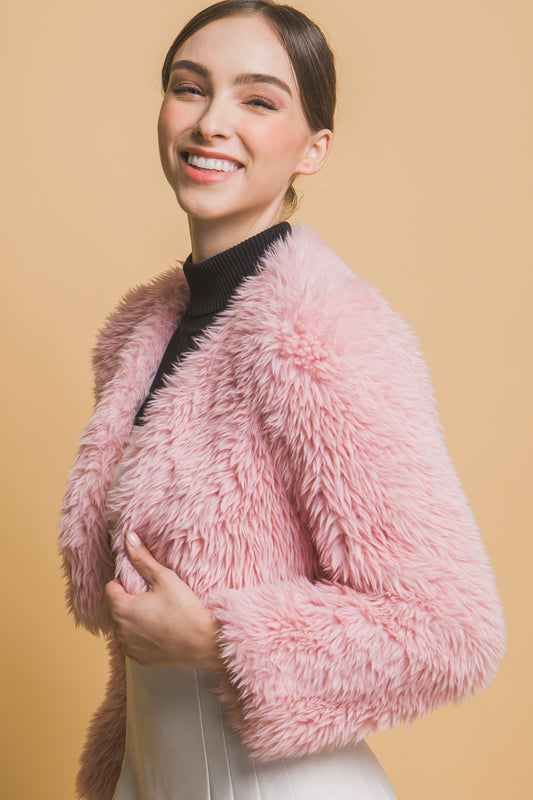 Pink Cropped Faux Fur Jacket